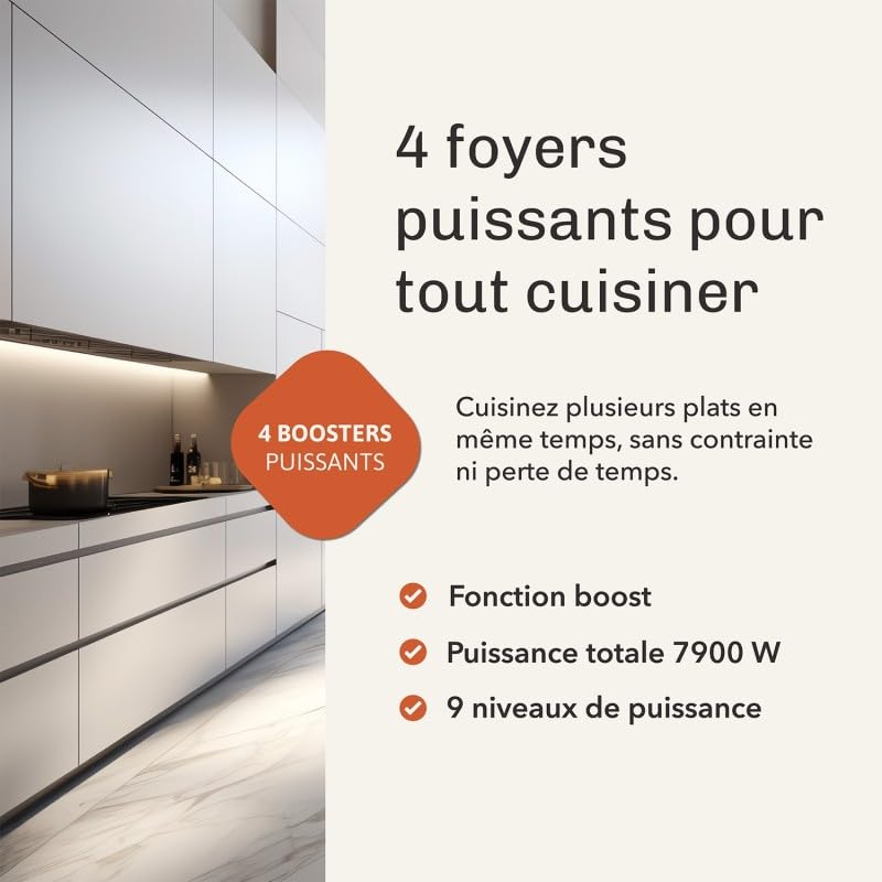 BELDEKO Plaque Induction 4 Feux 7900W Tactile Booster - Marque Française