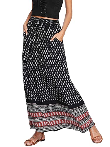 Milumia Women's Boho Vintage Printed A Line Long Maxi Skirt with Pockets