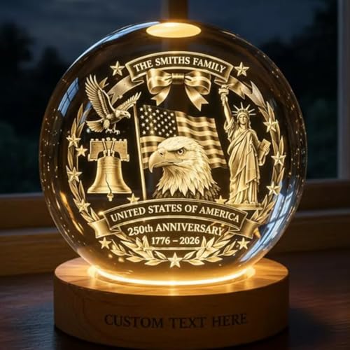 Image of 250 Anniversary Usa Merchandise, Personalized 250th Anniversary Crystal Ball Night Light, Custom 1776-2026 USA LED Lamp, Engraved Patriotic Gift, American Independence Decor Light for Home Family