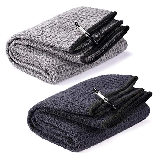 Fpxnb 2 Pack Tri-fold Golf Towel Set, Microfiber Fabric Waffle Pattern Towels, Heavy Duty Carabiner Clip (2 Pcs, 2 Colors)