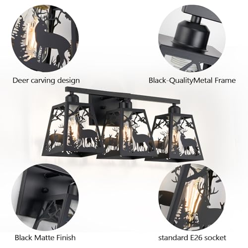 Image of Rustic Bathroom Light Fixtures, 3-Light Farmhouse Vanity Lamp with Deer Design and Openwork Engraved Metal Shade, Wall Lighting for Bathroom, Hallway, Kitchen, Porch
