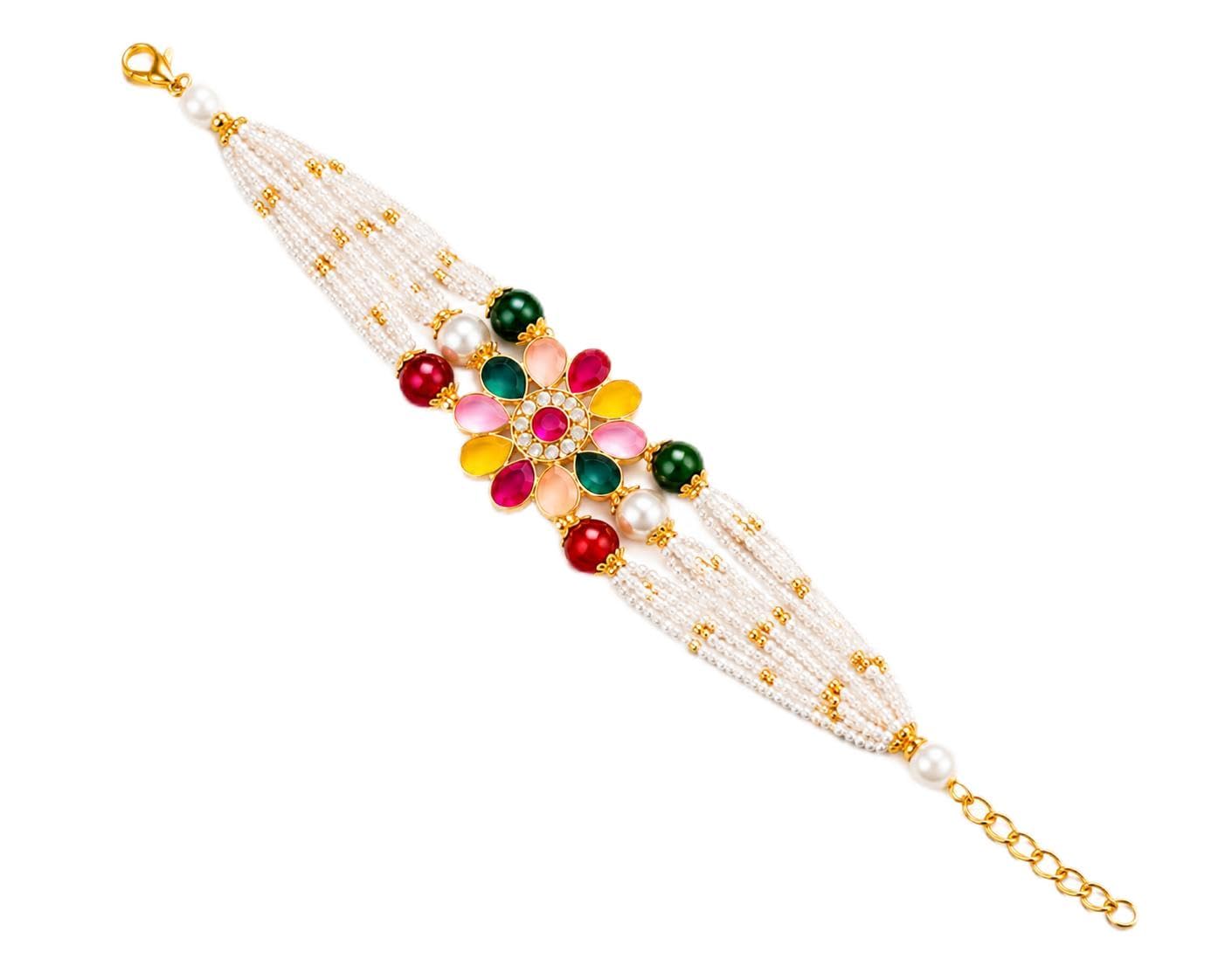 Multicolor Floral Kundan Rakhi for Brother | White Pearl Multi Strand Designer Rakhi with Colorful Stone Centerpiece | Raksha Bandhan Gift-image-31