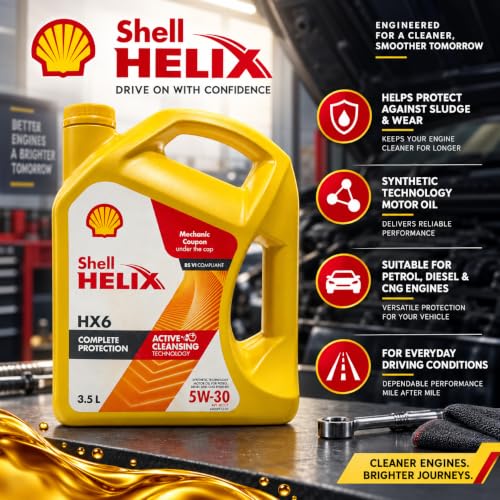 Image of Shell Helix HX6 5W-30 Synthetic Technology Motor Oil for Petrol & Diesel Cars (3.5L), Enhanced Engine Protection & Smooth Performance