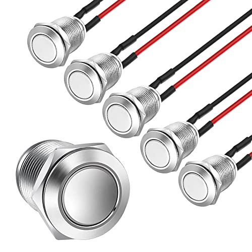 Gebildet 5pcs Pulsador a Prueba de Agua Botón de Acero Inoxidable Momentáneo Encendido Apagado con Alambre 12mm 2A 12V/24V/125V/250V(Cabeza Plana)