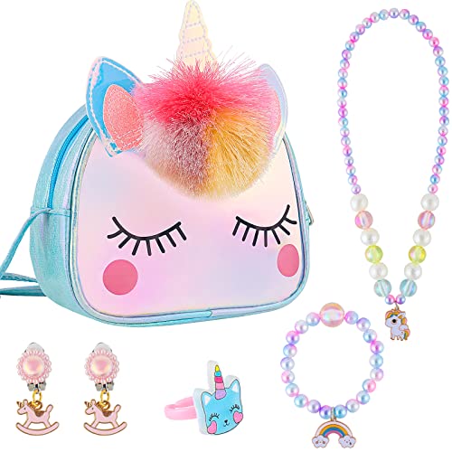 Victse Licorne Sac pour Enfants, Unicorn Petit Sac avec Ensemble de Bijoux, Filles Sac à Main Enfants Collier Bracelet Bagues Boucles d'oreilles avec Accessoires (Blue)