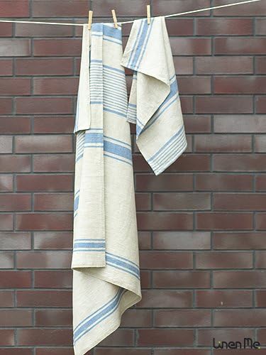 Natural Blue Striped Linen Towels Set Provence