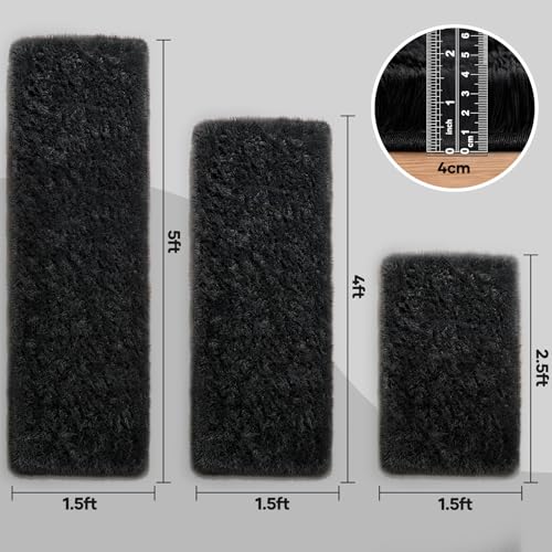 Ophanie Small Rug Washable Non Slip Throw Bedside Area Rugs, Fluffy Soft Mini Bedroom Carpet, 1.5x2.5，1.5x4 and 1.5x5 Rug Set, 3 Piece Black with Over 99 pcs Pile fibers — view 2