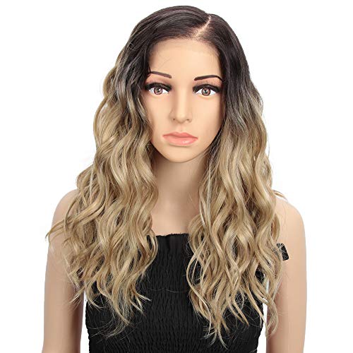 Style Icon Lace Front Wig for White Women 18" Ombre Blonde Brown Roots Heat Resistant Fiber Wigs Synthetic Natural Wave Hair Wig with Large AreaL Mono Lace