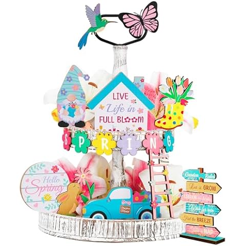 16 PCS Spring Tiered Tray Decor, Hello Spring Wooden Tabletop Signs Set, Colorful Truck Flower Rabbit Gnomes Butterfly Birds Table Ornaments for Easter Home Decorations Kitchen Mantel Housewarming Cover