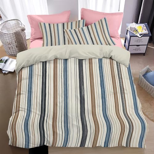 Housse de Couette 140x200cm Microfibre Réversible à Rayures Géométriques avec Fermeture Éclair