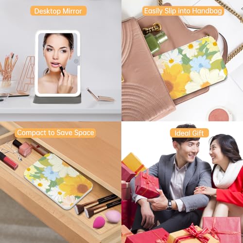 Image of Rechargeable Travel Lighted Makeup Mirror with PU Leather Cover, Portable Travel Makeup Mirror with lights, 3 Color Lighting,Touch Sensor Dimmable, Light Up Tabletop Cosmetic Mirror Folding Flower