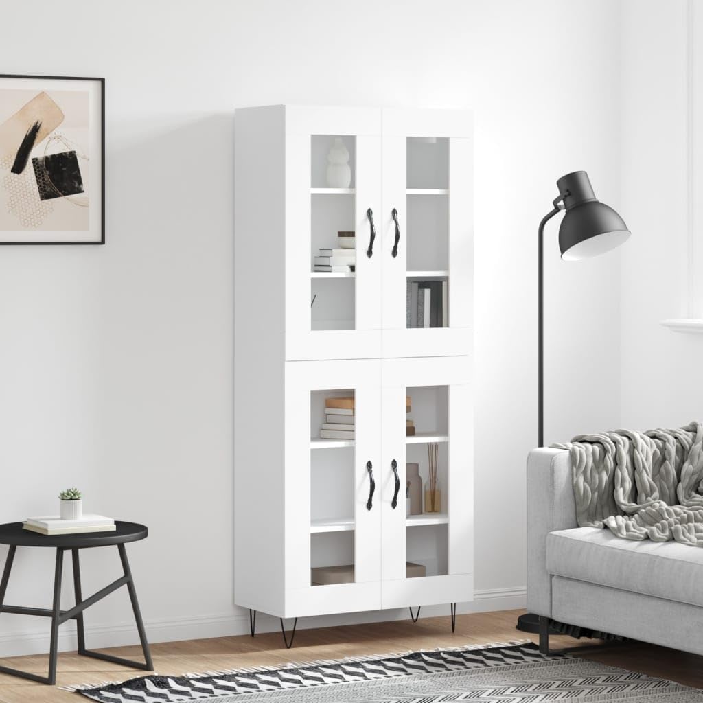 Highboard biała 69,5 x 34 x 180 cm, szafa z materiału drewnopochodnego ze szklanymi drzwiami, elegancki mebel do salonu, sypialni, dużo miejsca do przechowywania
