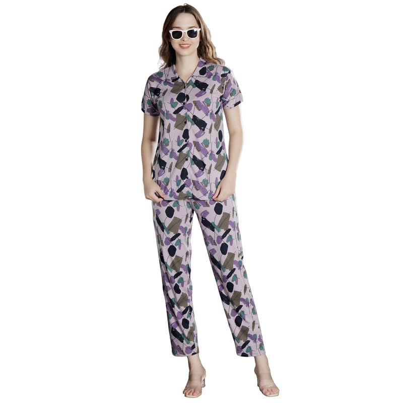 Riza Hosiery Cotton Fabric Short Sleeves Relax Fit Shirt and Pyjama Printed Night Suit Set/NS-2230