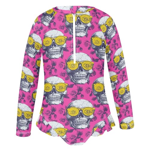 Skull Flower Girls Long Sleeve Rashguard Swimsuit UV Protection One-Piece Swimwear Bathing Suit B04044692