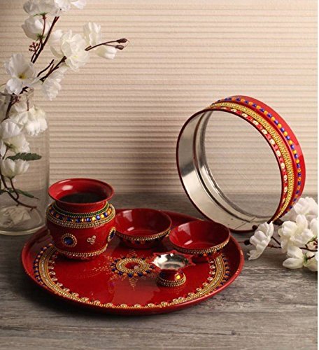 Pooja Thali Karwachauth Tradizionale Indiano - Set Rosso 30.5 Cm Con Vatis, Diya, Lota - Foto 5
