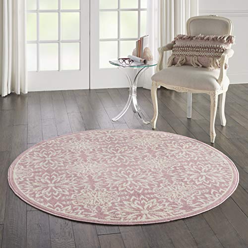 Nourison Jubilant Floral Ivory/Pink 5'3" X Round Area -Rug, Easy -Cleaning, Non Shedding, Bed Room, Living Room, Dining Room, Kitchen (5 Round) #TOP2