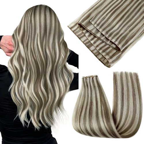 Image of Easyouth 80g Butterfly Weft Hair Extensions Brown, Hole Weft Extensions Human Hair, Highlight Light Brown and Platinum Blonde, 16Inch, Easy to Apply, for Beginners, Butterfly Wefts Remy Hair Extension