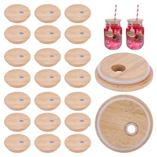 INTERWARM 60 couvercle en Bambou de 70mm avec Trou pour Paille Compatible avec les Verres en Verre. Couvercles de Conservation en Bambou pour Bocaux avec Anneau