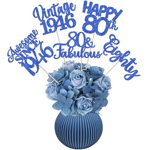 Image of 15 PCS 80th Birthday Centerpiece Sticks Eighty Happy 80 Vintage 1946 Table Flower Centerpieces Sticks Cheers to 80 Fabulous Floral Decorations for 80th Birthday Party Supplies Blue