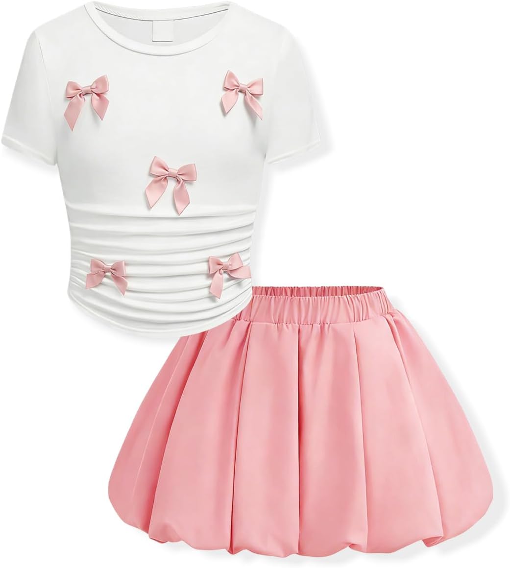 Teenage Girls Puffy Skirt Set with Cute Bowknot Top Teen Summer Skirt Outfit Puffy Skirt for Teen Girls