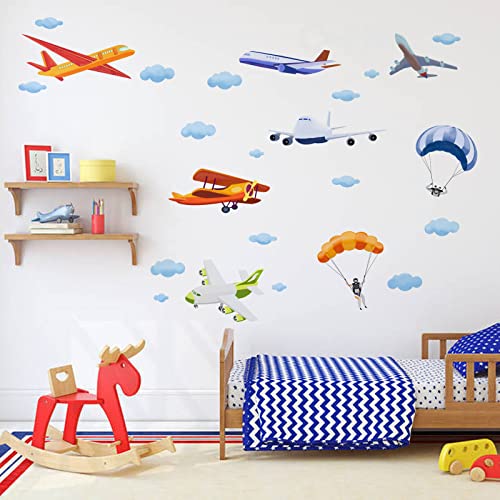 SUPERDANT 3D Aquarelle Dessin Animé Stickers Muraux Avion Parachute Nuages PVC Sticker Mural Amovibles Stikers Murals pour Chambre d'enfant Maternelle Avion...