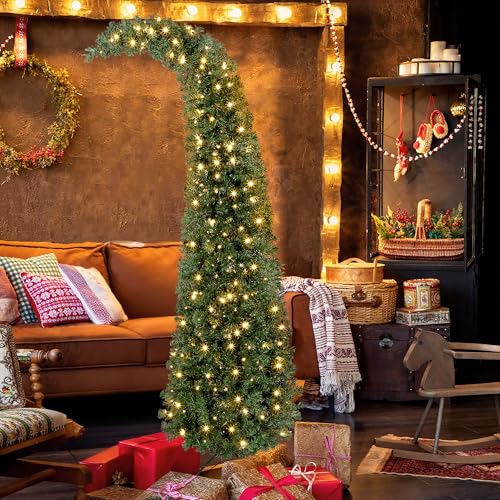 HOMCOM 7 ft Prelit Whimsical Christmas Tree, Slim High Mountain Fir Holiday Decor with 300 Warm White LEDs and 8 Modes, Xmas Tree with 777 Tips and Metal Stand for Home Office, Green by HOMCOM - Image 9