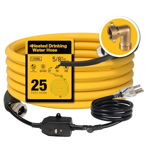 Image of UTOOL 25 FT Heated Water Hose for RV Camper with 90 Degree Elbow, NSF 372 Drinking Water Certified Garden Hose, Automatic Thermostat Antifreeze Protection to -40F, 5 /8 inch ID, 3 /4 inch GHT Adapter
