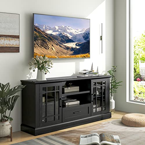 Tangkula Farmhouse Tv Stand For Tv Up To 70 Inch, Tall Media Console Table With 2 Glass Doors, Entertainment Center With Cubbies & Drawer, Storage Cabinet Or Sideboard Buffet For Living Room (Black) #TOP2