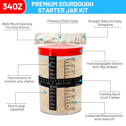 Premium Sourdough Starter Jar Glass - 34 oz Sour Dough Starter Jars, with Spatula, Wide Mouth Jar Cover, Thermometer, Date Marked Feeding Band, sourdough jar for Baker