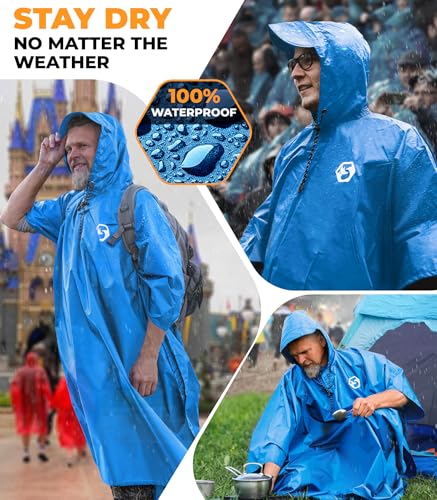 Image of Foxelli Rain Poncho for Adults - Extra Long Reusable Waterproof Raincoat with Hood, Lightweight for Hiking, Camping, Outdoors
