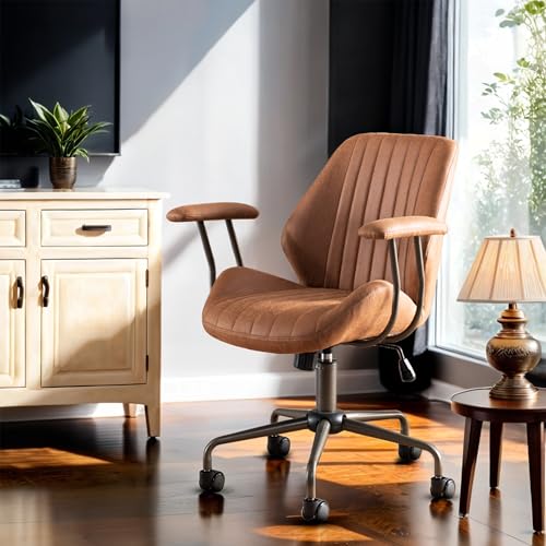 Image of Mid Back Home Office Chair, Mid Century Modern Executive Chair, Comfy Ergonomic Rolling Office Desk Chair with Lumbar Support, Brown Faux Leather Office Chair, Brown
