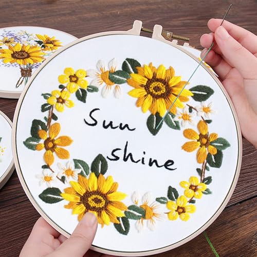Image of KEKEMEOW 3 Sets Embroidery Kit for Beginners, Stitches with Sunflower Patterns, DIY Cross Stitch Kits for Adults, Needlepoint Hand Embroidery Kit with Stamped Pattern、Instruction、Hoop