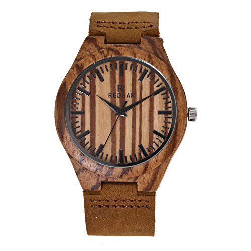 Reloj de Madera de bambú para Hombre, Cuarzo japonés y con la Correa de Cuero Genuino (Patrón de Cebra)