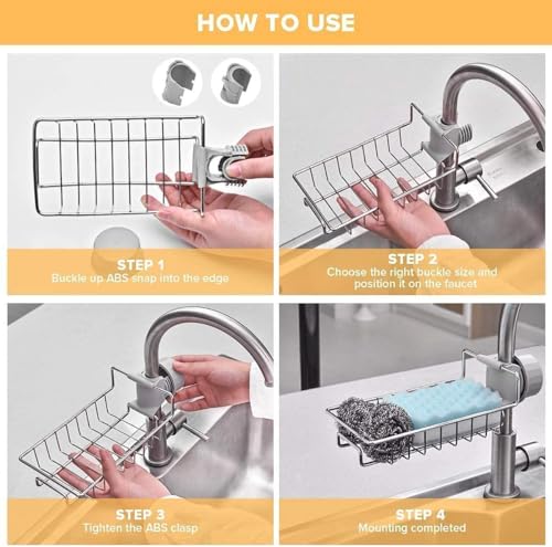 Image of ABSTER Kitchen Sink Accessories Combo Set | Stainless Steel Faucet Organizer Rack with Soap Dispensing Scrubber & Steel Cleaning Mesh Pads