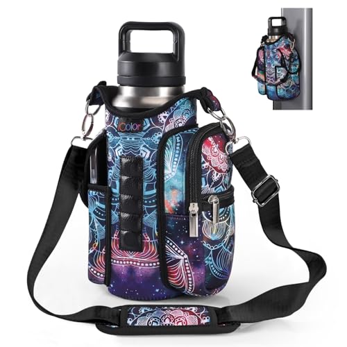 Image of icolor Magnetic Gym Bag Water Bottle Carrier Holder with Phone Pockets & Shoulder Strap,Gym Magnetic Bag 5 Built-in Magnets Gym Accessories Organizer Pouch Sling Sleeve for Men Women (Mandala)