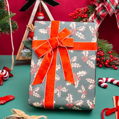 Image of QIANF Vintage Terracotta Velvet Ribbon Christmas Ribbon for Gift Wrapping Crafts Christmas Tree Ornaments Garland Decorations, 1 Inch X 25Yd