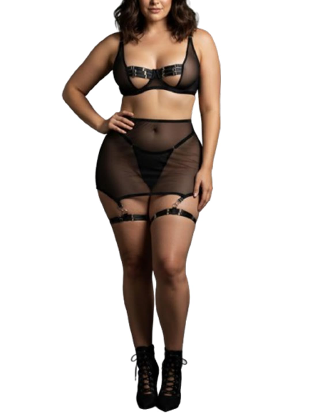 beera Women Sheer Mesh Lingerie Set | Transparent Bra & Panty Set with Garter Belt | Sexy Nightwear Babydoll Lingerie for Women | Honeymoon, Valentine & Special Nights Black-picture-34