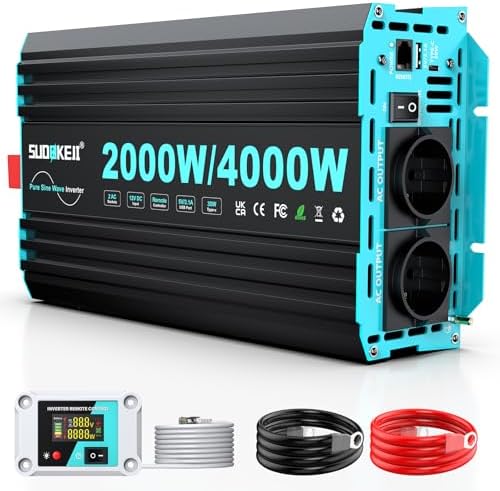 SUDOKEJI 2000W/4000W Wechselrichter Reiner Sinus Spannungswandler 12v auf 230v Power Inverter mit LCD-Fernbedienung,Type-C und USB Anschlüsse,2 EU AC Steckdosen für Solar,Fahrzeuge