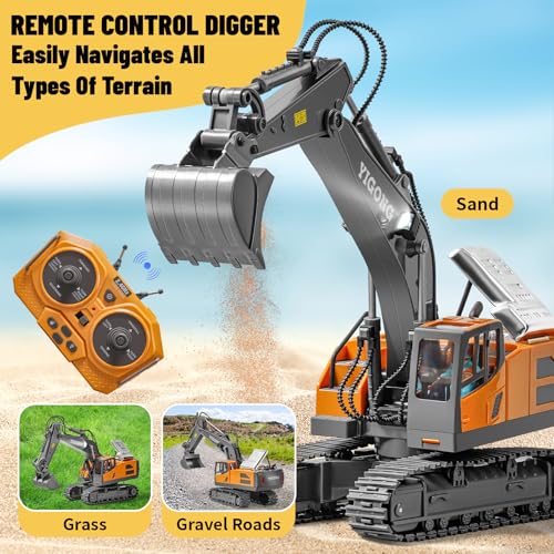 Image of Remote Control Excavator, Construction Rc Digger for Kids Boys Age 4-14 + Year Old Birthday, Rechargeable Excavator with Metal Shovel, Lights, Sounds, 2.4Ghz, Grey