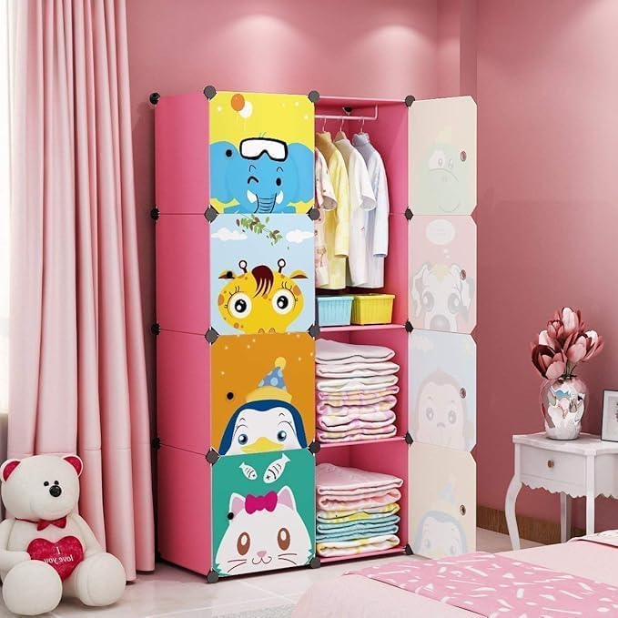 Image of LUHI Plastic Wardrobe for Kids Clothes - Easy to Use Anti-Skid & Non-Slip Effective Professional, Plastic Cupboard for Kids, Foldable Almirah, Collapsible Wardrobe (Pink HY8, 8-Shelf-8-Door)