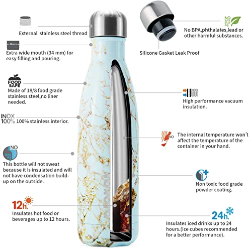 Image of BJPKPK Insulated Water Bottles 17oz Stainless Steel Sports Water Bottles Keep Cold for 24 Hours and Hot for 12 Hours,Marble Amber