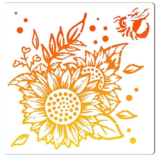 GORGECRAFT 11.8x11.8 Sunflower Painting Stencils Hollow Out Bee Drawing Templates Reusable Spring Garden Diy Drawing Plants Floral Templates for Painting on Wood Floor Furniture Bag Cabinet Wall