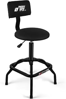 FreekyFit Adjustable Shop Stool with Backrest - Heavy Duty Mechanic Garage Chair 300 LBS 360 Swivel Padded PVC Seat Black