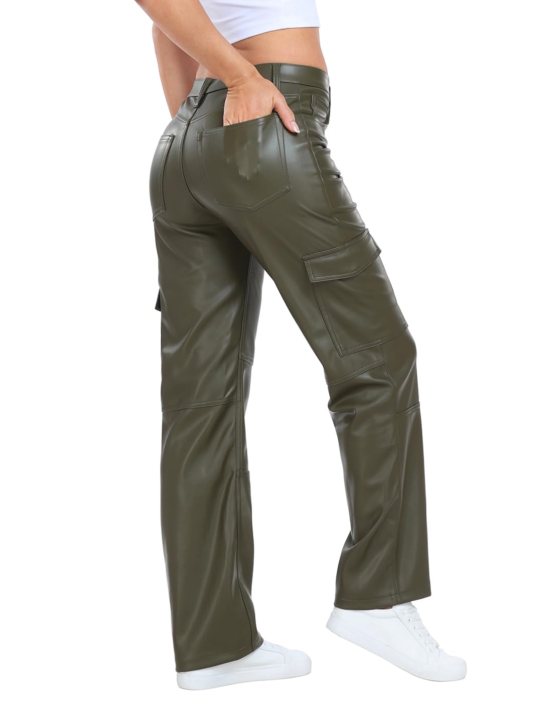 HDE Damen-Cargohose aus Kunstleder mit Taschen, hohe Taille, Y2K, entspannte Hose