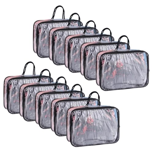 Hyuetrsa 10 Pcs Large Clear Travel Packing Cube, Vinyl Zippered Storage Bags, See-Through PVC Organizer Multipurpose Pouch with Handle for Clothes, Comforter, Bedding (Black, 11.8 x 10.2 x 3.9 Inch)