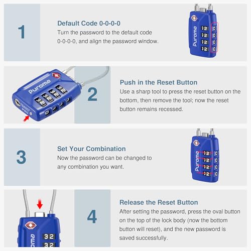 Image of Puroma TSA Approved Luggage Lock, 4 Digit Combination Travel Locks Resettable Code Lock with Zinc Alloy Body for Suitcase, Toolbox, Backpack, Bag, Gym Locker, Basic Blue, Modern