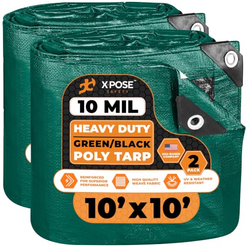 Image of Heavy Duty Poly Tarp - 10' x 10' (2-Pack) - 10 Mil Thick Waterproof, UV Blocking Protective Cover - Reversible Green and Black - Laminated Coating - Grommets - by Xpose Safety