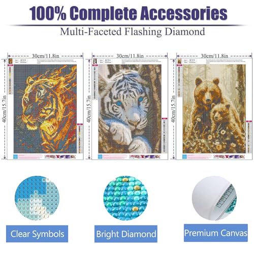 ijbnhd 3 Pack Diamond Art Kits for Adults, Animals Diamond Painting Kits for Adults Beginners, 5D DIY Paint with Diamonds Gem Art Dots Set for Home Wall Decor 12 x 16 Inch (Bear and Tiger) — view 2