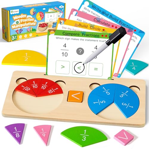 Image of D-FantiX Wooden Fraction Educational Puzzle, Wood Fraction Tiles & Fraction Circles Set, Math Manipulatives for Elementary School, Montessori Fraction Manipulatives Games Learning Toys for Kids