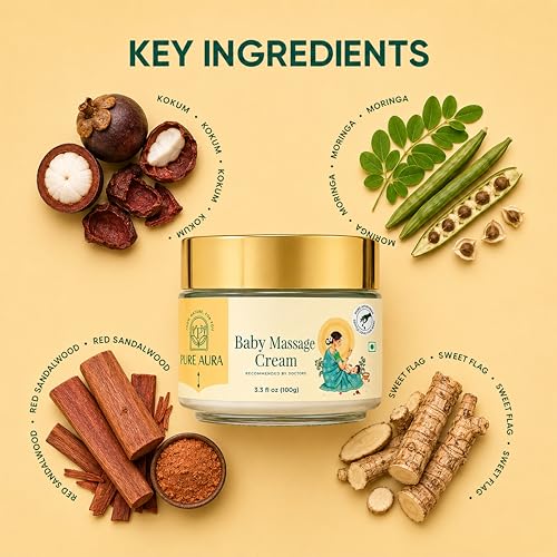 Image of Pure Aura Baby Massage Cream 100g, Pack of 3 - Doctor Recommended Ayurvedic Baby Cream with Natural Herbs | Chemical-Free Nourishing & Soothing Care for Newborns & Kids